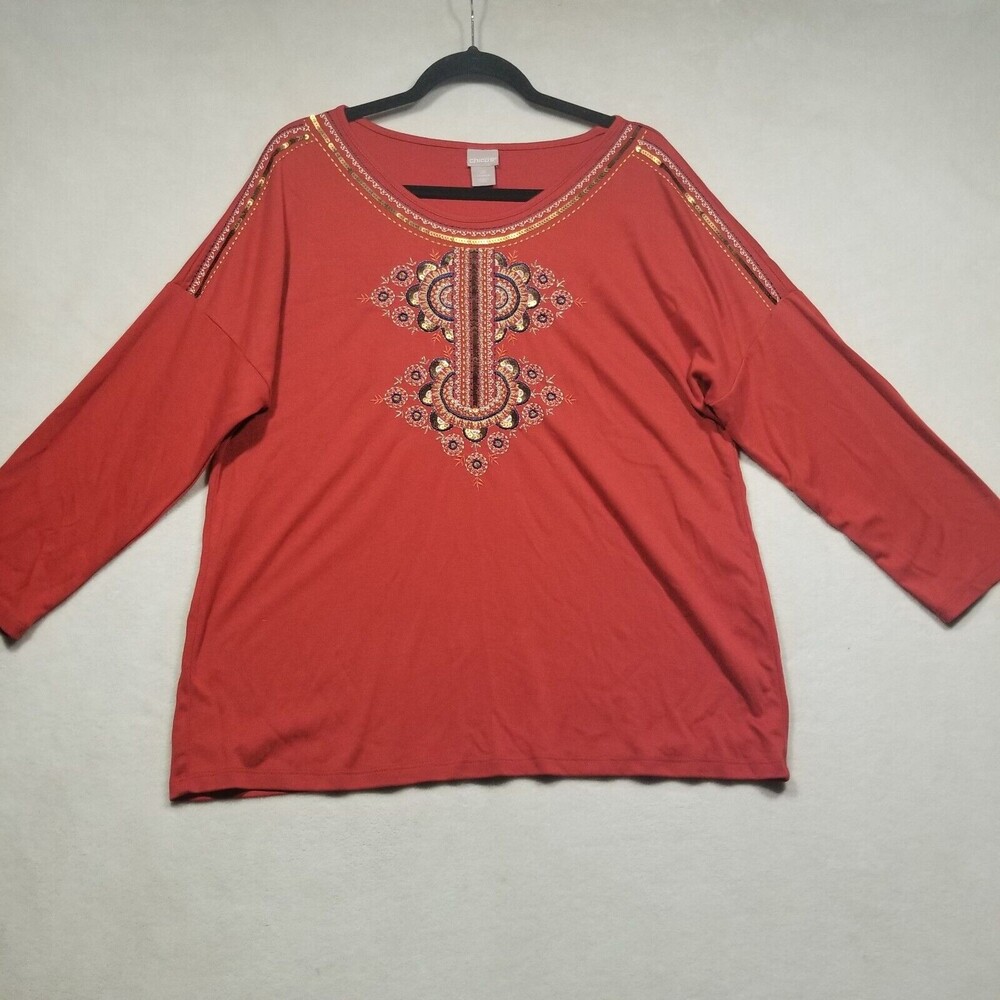 Chicos 2R (L) Top Embroidered Burnt Orange Sequin Jersey Knit Boho Fall Artsy